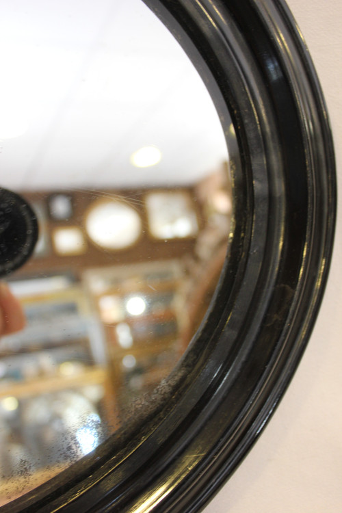 Napoleon III Mirror, Oval Blackened Lacquered Wood, Mercury Glass 34 x 39 cm