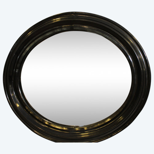 Napoleon III Mirror, Oval Blackened Lacquered Wood, Mercury Glass 34 x 39 cm