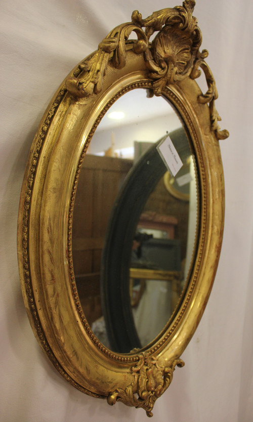 Napoleon III Oval Mirror, Louis XV Style, Shell, Gold Leaf 50 X70 Cm