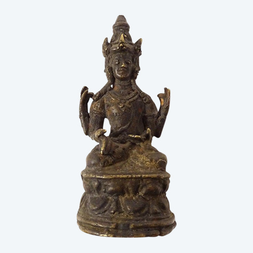 Sculpture Statuette Bronze Déesse Tara Trois Têtes Bouddhisme Thailande 19è