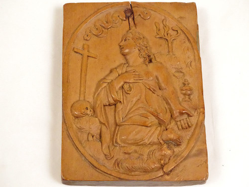 Scultura in bassorilievo Legno Olivier Maria Maddalena Penitente Teschio Croce XIX secolo
