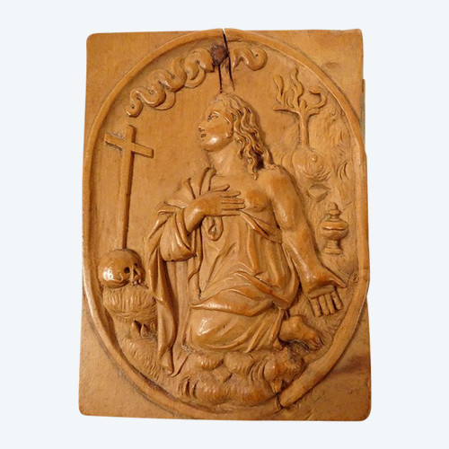 Scultura in bassorilievo Legno Olivier Maria Maddalena Penitente Teschio Croce XIX secolo