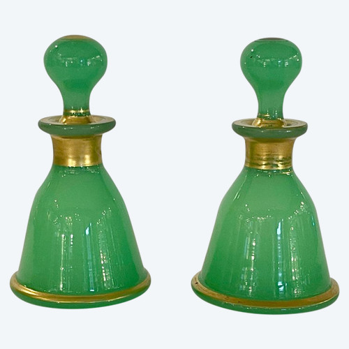 Baccarat: Pair Of Small Bottles In Green Opaline