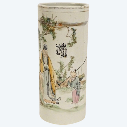 Large Chinese Porcelain Brush Pot Wise Character Garden Poem 20th Century