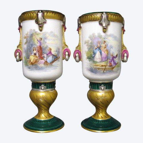 Pair Of Vases In Old Paris 19th Century.