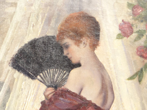 HST Gemälde Porträt Elegante Frau mit Fächer Henri Moreau 1917