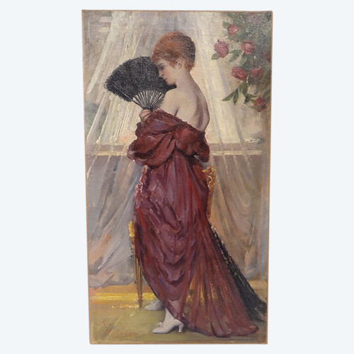 HST Gemälde Porträt Elegante Frau mit Fächer Henri Moreau 1917