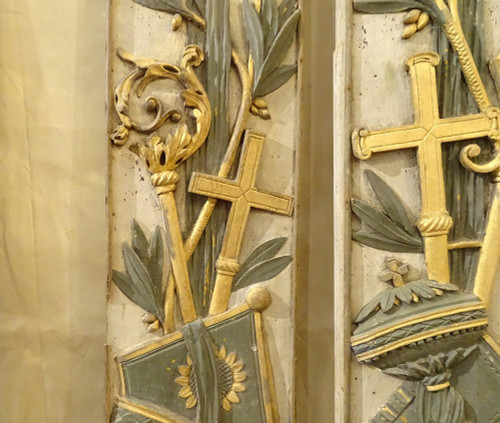 Morceaux Boiserie Décoration Retable Bois Peint Doré Calice Ostensoir 18è