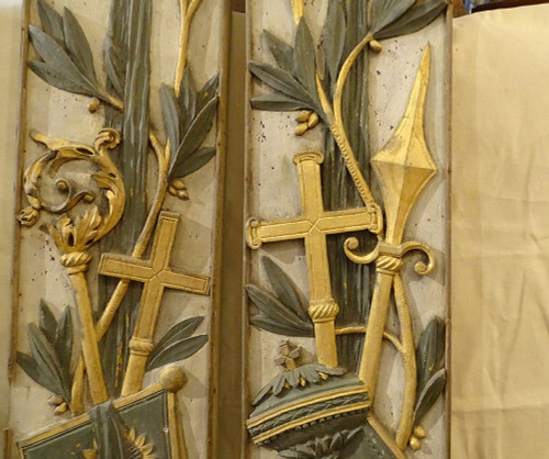 Morceaux Boiserie Décoration Retable Bois Peint Doré Calice Ostensoir 18è