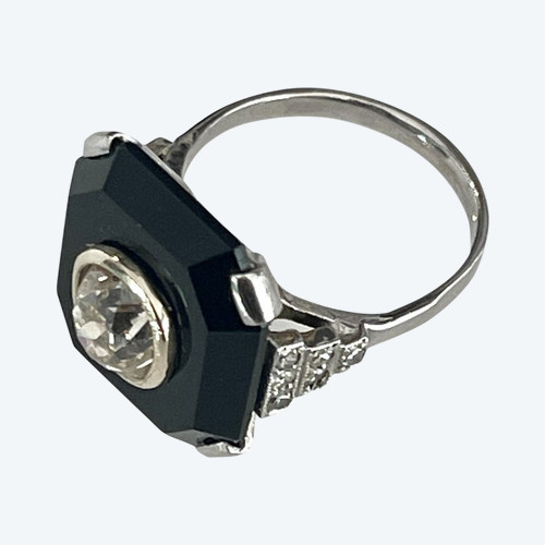 Bague Art-déco Or, Onyx Et Diamants.