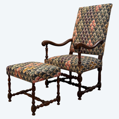 Armchair With Flat Back In Walnut And Its Footrest From Louis XIV Period