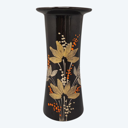 1970 Magnificent brown ceramic vase from SIC, hand painted. Made in Italy