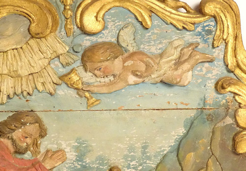 Polychrom geschnitzte Holztafel Christus am Ölberg aus dem 17. Jahrhundert