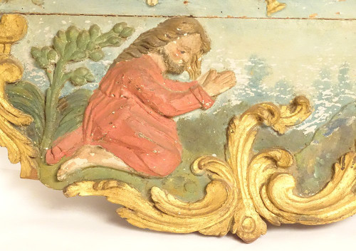 Polychrom geschnitzte Holztafel Christus am Ölberg aus dem 17. Jahrhundert