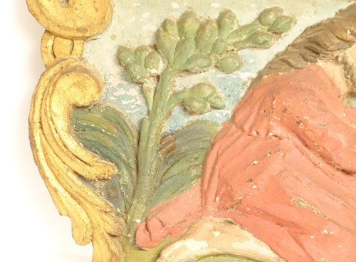 Polychrom geschnitzte Holztafel Christus am Ölberg aus dem 17. Jahrhundert