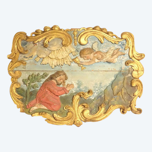 Polychrom geschnitzte Holztafel Christus am Ölberg aus dem 17. Jahrhundert