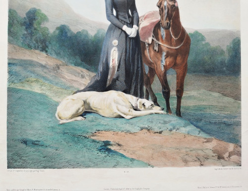 Lithographie Aquarellée d'après Alfred De Dreux Cavalière Cheval Et Lévrier XIXème 