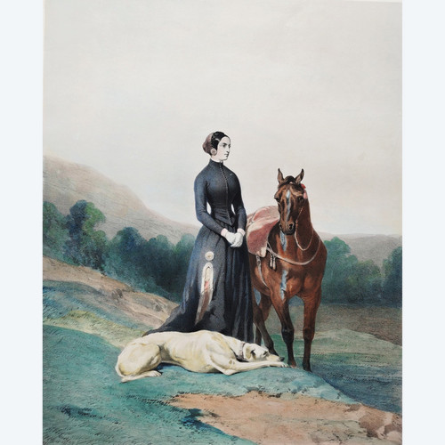 Lithographie Aquarellée d'après Alfred De Dreux Cavalière Cheval Et Lévrier XIXème 