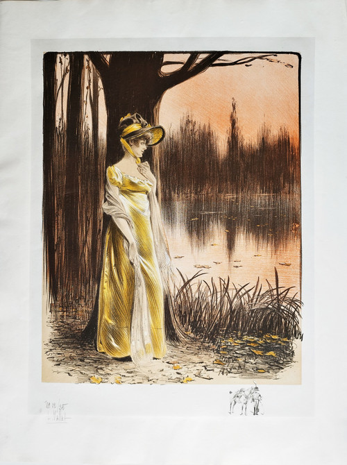 Lithograph By Louis Vallet Woman At The Edge Of A Lake Old Print 