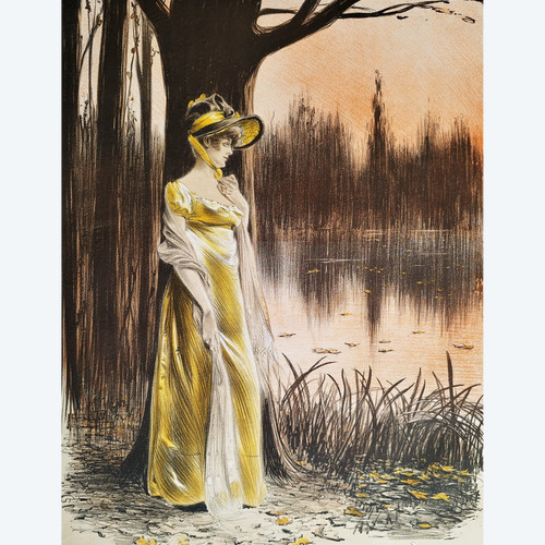 Lithograph By Louis Vallet Woman At The Edge Of A Lake Old Print 