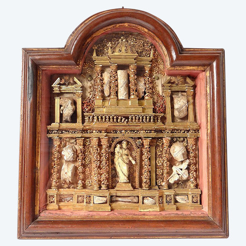 Tableau Reliquaire Paperolle Retable Baroque Vierge Saints Martyrs XVIIème