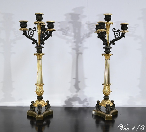 Coppia di Candelieri in Bronzo con Doppia Patina, Epoca Restauro – Inizio XIX Secolo