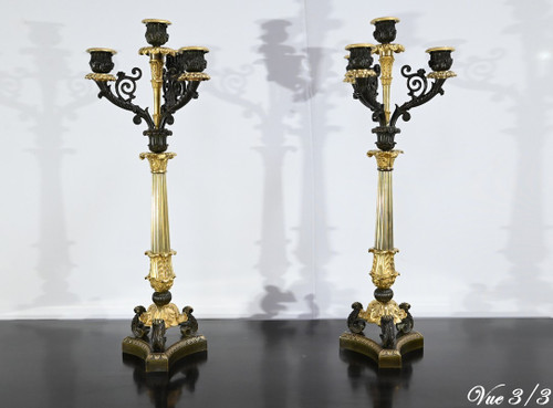 Coppia di Candelieri in Bronzo con Doppia Patina, Epoca Restauro – Inizio XIX Secolo