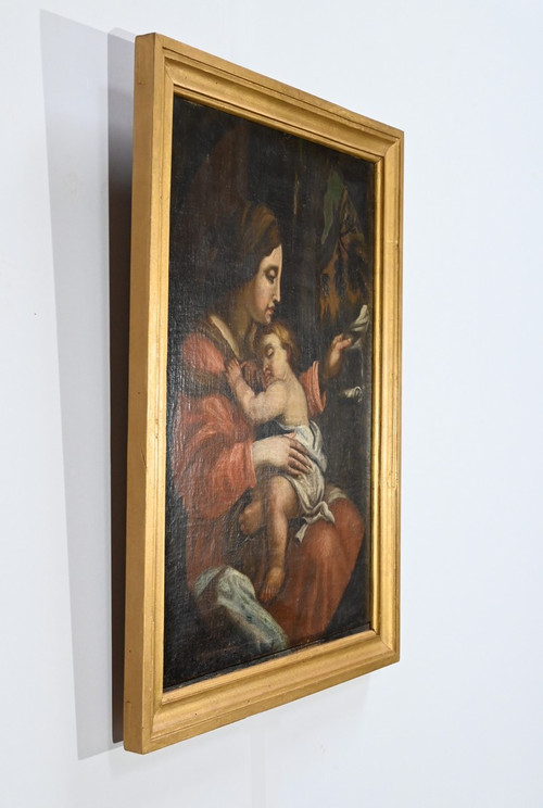 Peinture à l’Huile « Vierge à l’Enfant », école du XIXe – Fin XIXe