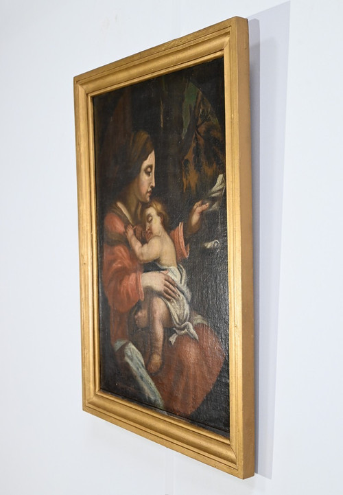 Peinture à l’Huile « Vierge à l’Enfant », école du XIXe – Fin XIXe