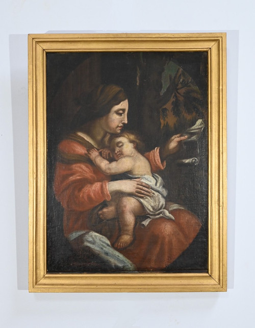 Peinture à l’Huile « Vierge à l’Enfant », école du XIXe – Fin XIXe