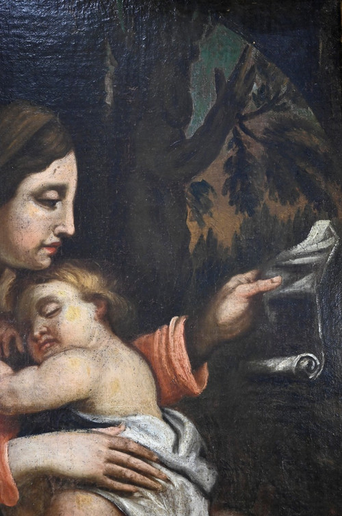 Peinture à l’Huile « Vierge à l’Enfant », école du XIXe – Fin XIXe