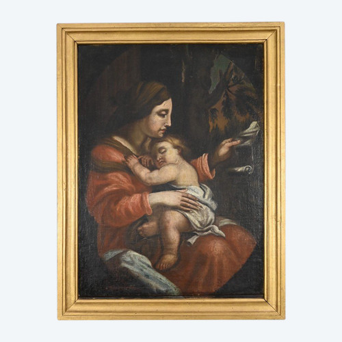 Peinture à l’Huile « Vierge à l’Enfant », école du XIXe – Fin XIXe