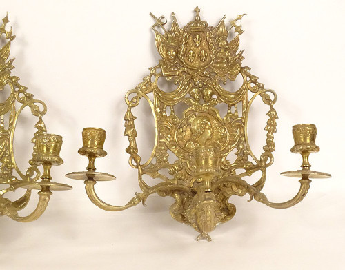 Paire Appliques 3 Feux Bronze Louis XIV Armes France Fleurs Lys Putti XIXè