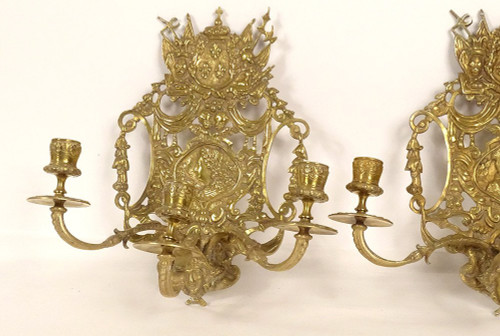 Paire Appliques 3 Feux Bronze Louis XIV Armes France Fleurs Lys Putti XIXè
