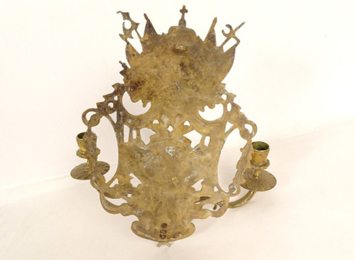 Paire Appliques 3 Feux Bronze Louis XIV Armes France Fleurs Lys Putti XIXè