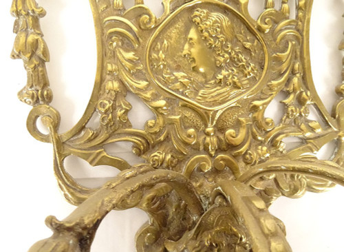 Paire Appliques 3 Feux Bronze Louis XIV Armes France Fleurs Lys Putti XIXè
