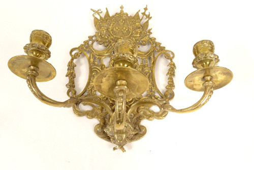 Paire Appliques 3 Feux Bronze Louis XIV Armes France Fleurs Lys Putti XIXè