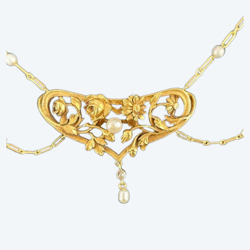 Collana Art Nouveau in oro con perle pregiate e diamanti