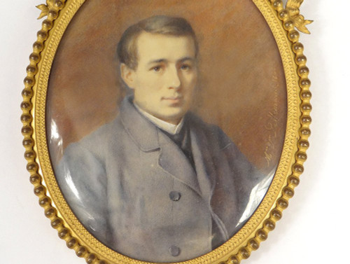 Oval Miniature Signed Adèle Lallemand Portrait Young Man Costume 19th