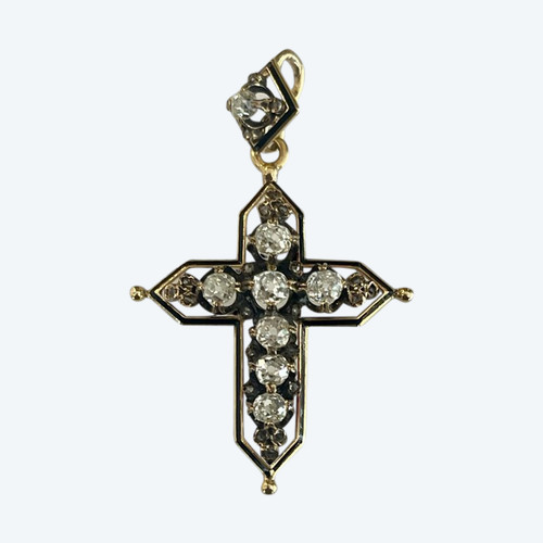 Croix En Or, émail Et Diamants " Coussin"