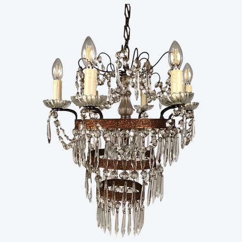 Lampadario con pendenti in cristallo a sette luci, stile Luigi XVI