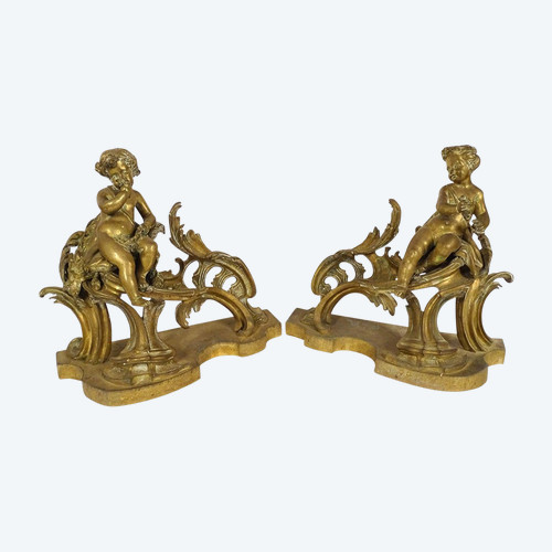 Pair of Louis XV bronze Chenets Cherubim Bacchus Children Napoleon III 19th century