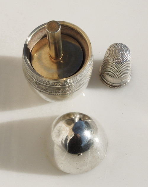 Cousette Sewing Kit Solid Silver Egg Needle Holder Spool Thimble