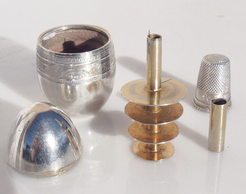 Cousette Sewing Kit Solid Silver Egg Needle Holder Spool Thimble