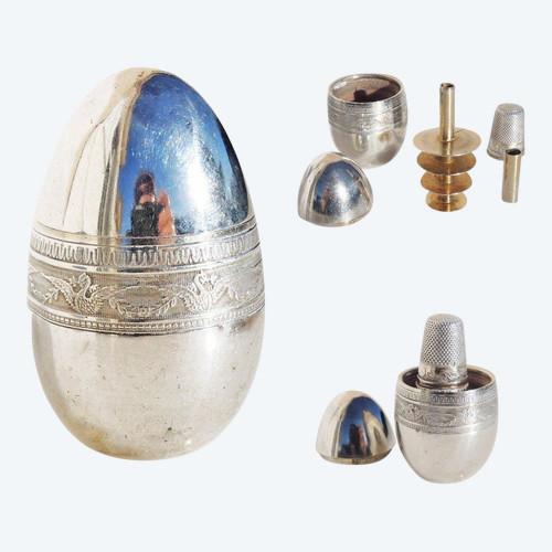 Cousette Sewing Kit Solid Silver Egg Needle Holder Spool Thimble