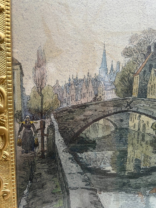 Jules Louis Berteault (xix - Died 1916) - Bruges, Le Quai Vert, 1908