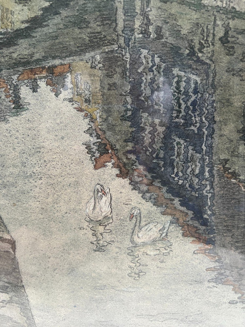 Jules Louis Berteault (xix - Died 1916) - Bruges, Le Quai Vert, 1908