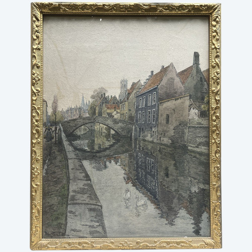 Jules Louis Berteault (xix - Died 1916) - Bruges, Le Quai Vert, 1908