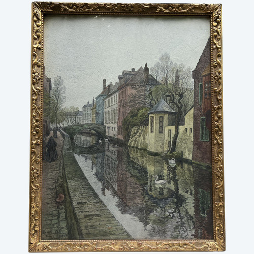 Jules Louis Berteault (xix - Mort En 1916) - Bruges, Un Canal, 1908