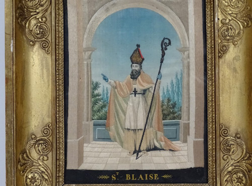 Quadro San Biagio Ricamo in seta Fili d'oro Argento Cornice dorata Impero XIX secolo
